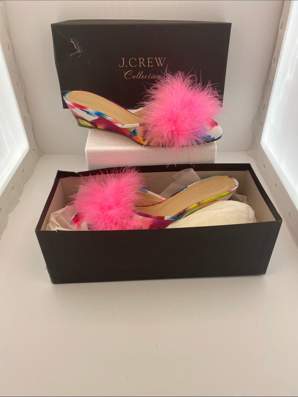 J. Crew Multicolor Tie-Dye Mules with Hot Pink Feather Pom